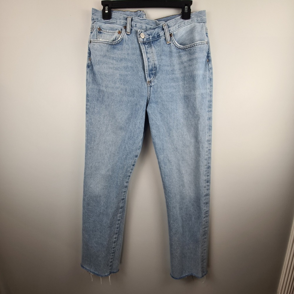 AGOLDE Criss Cross Upsize Jeans Light Wash Asymmetrical Waist Womens 29 Raw Hem